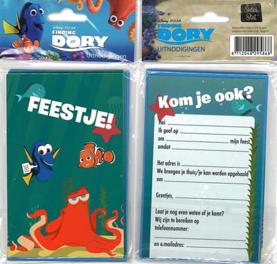 12 Uitnodigingskaartjes met envelop - Finding Dory - Feestje! - 9 x 13.5 cm