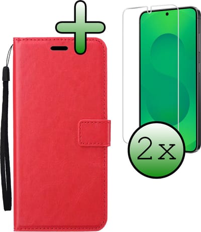 Hoesje Met 2x Screenprotector - Geschikt voor Samsung Galaxy S25 - Luxe Pasjeshouder - Bookcase Portemonee - Flip Case - Kunstleer Book Case - Flipcase Hoes - Book Cover - Walletcase - Portemonneehoes - Rood