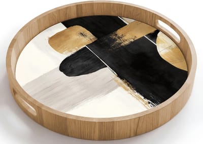 Dienblad rond 40x40 cm - Schootdienblad hout - Vormen - Penseelstreken - Abstract - Goud - Borrelplank rechthoek - Plateau houten dienbladen