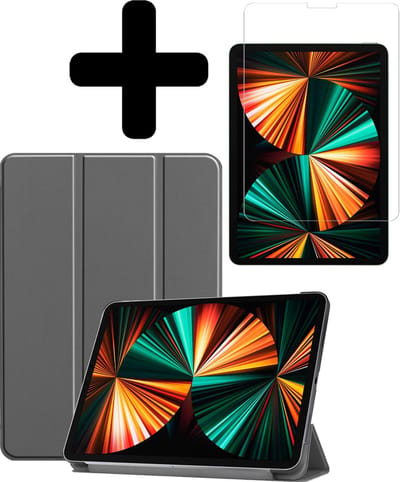Hoes - Geschikt voor Apple iPad Pro (2021) - 11 inch - 3e generatie - Met Screenprotector - Trifold Bookcase - Hard Cover - Hardcover Book Case - Tablet Hoesje - Grijs