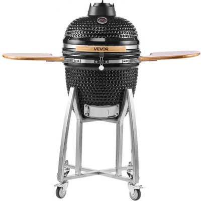 VEVOR Kamado Grill, keramische grill, rookoven Ø 450 mm, met houten handgrepen, zijplanken, metalen onderstel met wielen en thermometer tot 400 °C, luchtstroom van boven en onder, voor barbecueën, grillen, koken en bakken in de buitenlucht