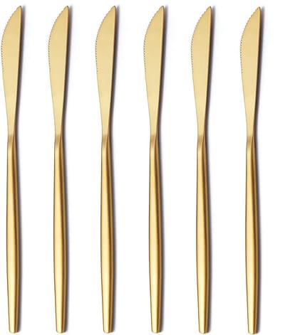 Dinermes 6-Delig, RVS Mat Goud Dinermes, Robuust Botermes, Modern Design Botermes, Vaatwasmachinebestendig (Mat Goud-8,9 Inch)