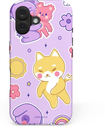 Casetastic hoesje geschikt voor Apple iPhone 16 - MagSafe - Dubbellaagse bescherming - Knuffelvriendjes - Fashion Case - Lichtroze Lila Goud