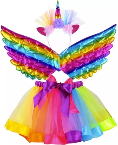 Kruzzel Eenhoorn Kostuum Set: Rok, Vleugels en Haarband in Regenboogkleuren
