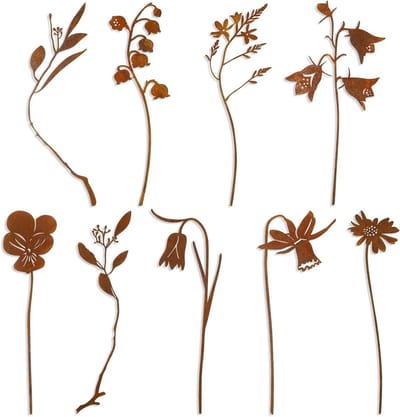 Roestige Tuinpalen - Metalen Bloemen - Tuin Decoratie - Set van 9 - 29-31 cm - Bruin