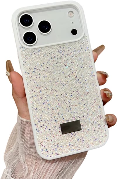 Bling Glitter Telefoonhoesje met Strass – Geschikt voor iPhone 17 - Veelkleurig Beschermhoesje, Camera Bescherming, Luxe Cover, Trendy Hoesje - WIT