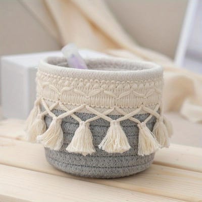 Panier de rangement en corde de coton tissé à la main, organisateur de bureau, articles divers, jouets, cosmétiques, clés, boîte de collations, organisateur d'articles divers gris clair