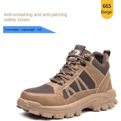 Chaussures de sécurité en cuir PU Anti-écrasement et Anti-pénétration Respirantes Tissées Volantes Chaussures de sécurité Embout en acier Chaussures de chantier de construction 47 marron