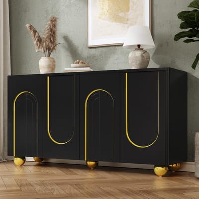 Sweiko Dressoir - 4 deuren opbergkast - Gebogen versiering met gouden lijnen - Bolvormige metalen pootjes - Zwart