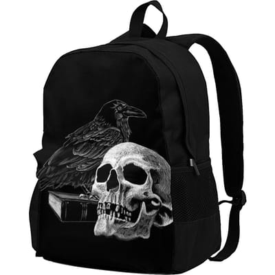 Quoth The Raven Met Schedel Halloween Rugzakken Horror Griezelig Pendelaar Tiener Grote Rugzak Unieke Polyester Tassen 18 inches