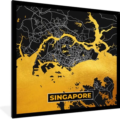 Fotolijst incl. Poster - Singapore - Goud - Plattegrond - Stadskaart - Kaart - 40x40 cm - Posterlijst