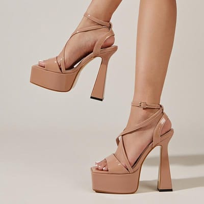 Liyke Nieuw Merk Zwart Vreemd Dikke Hoge Hakken Plateau Sandalen Mode Open Neus Enkelbandje Feest Paaldans Schoenen Dames Pumps 35 beige