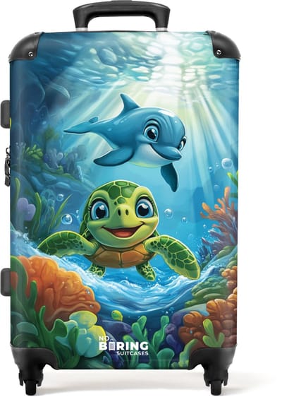 NoBoringSuitcases.com® - Kinderkoffer - Kindertrolley jongen en meisje - Schildpad en dolfijn in blauwe oceaan - Koffer kind groot - Rolkoffer lichtgewicht - Reiskoffer met 4 wielen - Grote trolley XL - 20 kg bagage