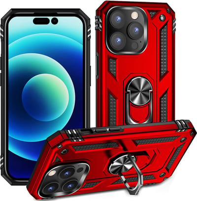 Casemania Hoesje Geschikt voor Apple iPhone 14 Pro - Rood - Anti-Shock Hybrid Armor Back Cover - Hoes met Kickstand Ring