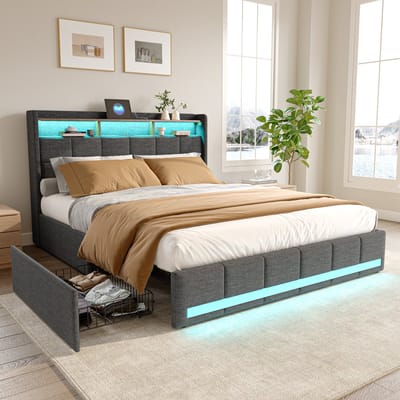 Led bed 160x200 cm Tweepersoonsbed met USB en Type-C poorten, 4 laden, linnen stof grijs - zonder matras
