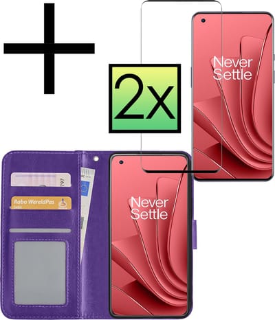 Hoesje - Met 2x Screenprotector - Geschikt voor OnePlus 10 Pro - Luxe Pasjeshouder - Bookcase Portemonee - Flip Case - Kunstleer Book Case - Flipcase Hoes - Book Cover - Walletcase - Portemonneehoes - Paars