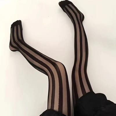 Vintage Gestreept Pantyhose Dames Sexy Transparant Brede Verticale Streep Zwarte Panty Retro Klassiek Nylon Kousen Dijhoog Kousen One Size black