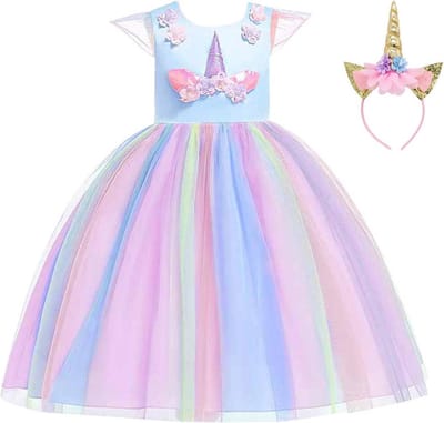 Eenhoorn jurk unicorn jurk eenhoorn kostuum - blauw Classic 134-140 (140) prinsessen jurk verkleedjurk + haarband