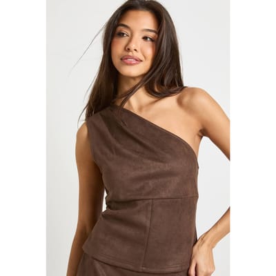 boohoo Dames Nepsuede top met een schouder | Chocoladebruin | Maat: 34