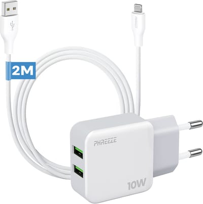 Phreeze usb oplader geschikt voor iPhone 14 13 12 11 X XR XS Max Pro Mini Plus en iPad met Lightning kabel - 10 W dubbele usb adapter - 2 meter