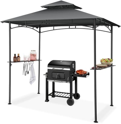 tectake® Barbecue Paviljoen - BBQ Overkapping - 240 x 150 x 250 cm - Tuinpaviljoen - Weerbestendig - UV-Bescherming - Dubbel Daksysteem - Gazebo met Ophanghaken, Roosterplanken en Flesopener - Grillpaviljoen - Antraciet