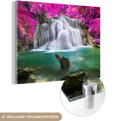 MuchoWow® Glasschilderij 40x30 cm - Schilderij acrylglas - Waterval - Roze - Bomen - Foto op glas - Schilderijen