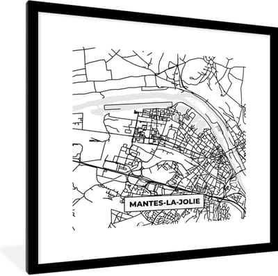 Fotolijst incl. Poster Zwart Wit- Kaart - Plattegrond - Mantes-la-Jolie - Frankrijk - Stadskaart - Zwart wit - 40x40 cm - Posterlijst