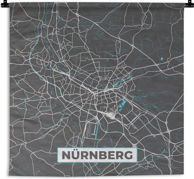 Wandkleed - Wanddoek - Kaart – Plattegrond – Stadskaart – Nürnberg – Duitsland – Blauw - 180x180 cm - Wandtapijt