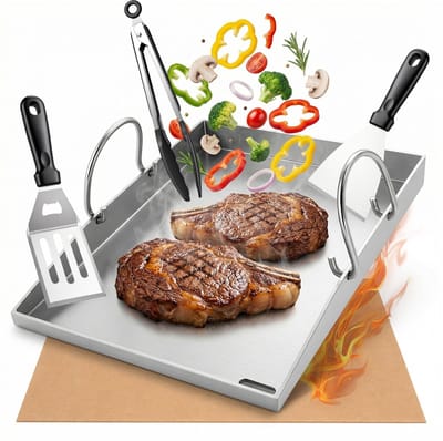 RVS Plancha Grillplaat - 40 x 30 cm - 4 mm Dik - Inclusief 3 Grillgereedschappen en 30 Vetabsorberende Vellen - Voor Gas- en Houtskoolbarbecue
