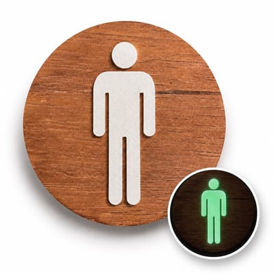 Zelfklevende houten GLOW IN THE DARK toilet sticker – WC bordje met man pictogram – Rond hout design Ø10 cm Walnoot look – Eenvoudig te bevestigen
