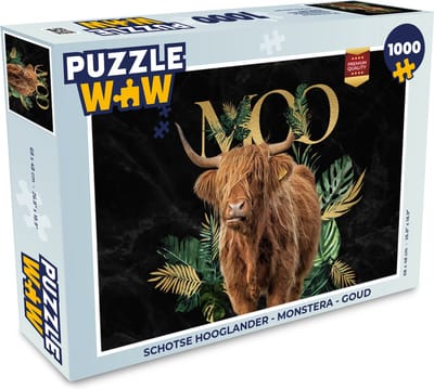 Puzzel Schotse hooglander - Monstera - Goud - Legpuzzel - Puzzel 1000 stukjes volwassenen