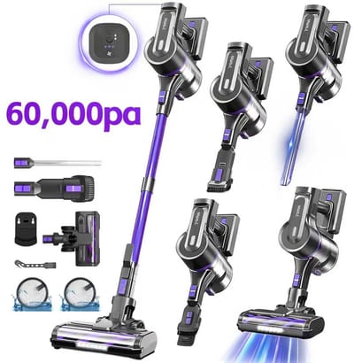 Grenintol 6-in-1 Steelstofzuiger Draadloos – Steelstofzuiger – 60.000 Pa–2500 mAh Accu – Draadloze Stofzuiger - Accu tot 60 Minuten – Stofzuiger Zonder Zak 1,2 L Stofbak – Stofzuiger Draadloos met LED Licht – Voor Tapijten en Harde Vloer – Paars