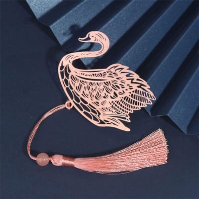 Chinese Stijl Metalen Bladwijzer Roségoud Holle Boekclip Roos Zwaan Den Kraan Lotus Verfijnde Kwastje Bladwijzer Boekpagina Markering beige