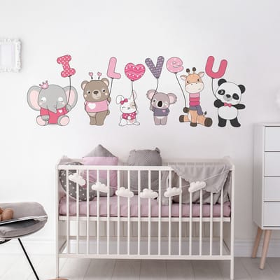 Muurstickers - KIND, DIEREN EN BALLONNEN, IK HOU VAN JOU - Zelfklevende stickers - 105x70cm