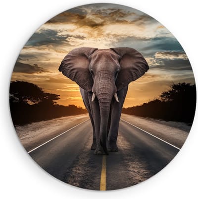 Saammp Muurcirkel Hout - olifant op de weg - Afrika - Dieren - Ø 90 - Wandcirkel - Wanddecoratie Cirkel - muurdecoratie Woonkamer - Slaapkamer decoratie - Rond Schilderij