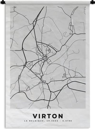 Wandkleed - Wanddoek - Stadskaart – Plattegrond – België – Zwart Wit – Virton – Kaart - 120x180 cm - Wandtapijt