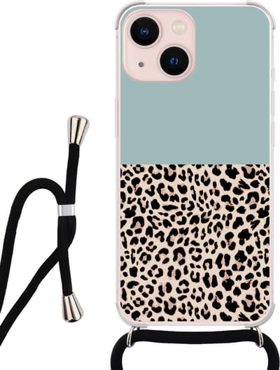 Hoesje met koord - Geschikt voor iPhone 13 - Luipaard mint - Verstelbaar zwart koord - Transparant, Blauw - Luipaardprint - Leuke Telefoonhoesjes