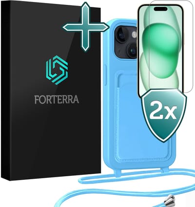 Hoesje Geschikt voor iPhone 15 Plus Pashouder Case Siliconen Hoes Met Koord Met 2x Screenprotector - Hoes Geschikt voor iPhone 15 Plus Met Telefoonkoord Hoesje Back Cover Met Pasjeshouder - Lichtblauw