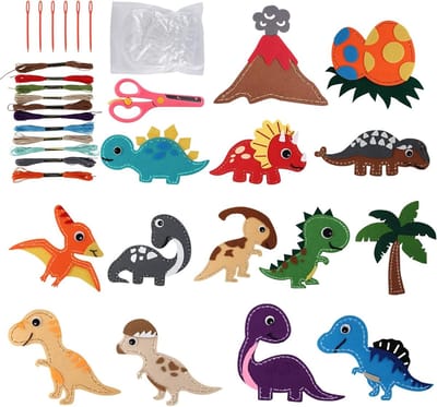 14-delige Naaiset voor Kinderen, Dino Knutselset, Creatieve DIY Viltset met Dieren en Accessoires voor Kinderen vanaf 6 Jaar