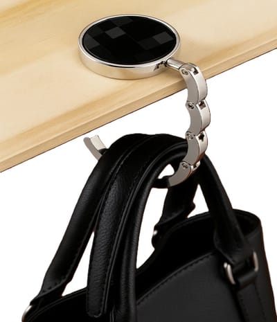 Opvouwbare Handtas Hanger – Stijlvolle Metalen Tashouder voor Tafel & Bureau | Compact, Draagbaar & Duurzaam | Ø 3,4 cm – 9,35 cm Uitgeklapt | Zwart/Zilver