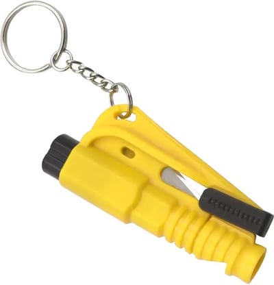 Noodhamer sleutelhanger | Veiligheidshamer | 3 in 1 | Geel | Auto hamer | Gordelsnijder | Autoruit breker | Noodfluit |