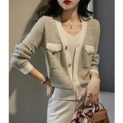 Cardigan en tricot cachemire style petit parfum tempérament pour femme Printemps Automne Nouvelle veste à col en V Pull ample Manteau fin en laine XXL