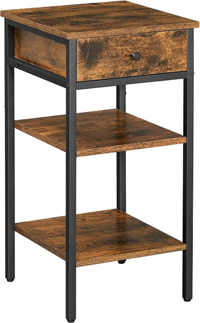 MIRA Home - Nachtkastje - Bijzettafel met lade en plank - Industrieel - Bruin/Zwart - 35x35x70 cm