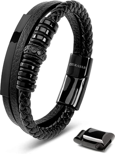 SERASAR Premium Lederen Armband Heren [Shine] - Zwart 20cm - Zijn Huwelijkscadeau