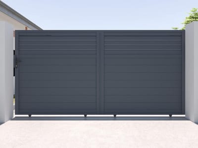 Vente-unique Schuifpoort in aluminium met jaloezievorm L374 x H180 cm donkergrijs - VIAZO