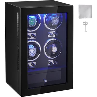 VEVOR Watchwinder, Automatische Watchwinder, Watchwinder, Watchwinder voor Automatische Horloges, Automatische Watchwinder met Ruimte voor 4 Horloges, LED-Verlichting, 150-207 MM Verstelbare Bandlengte