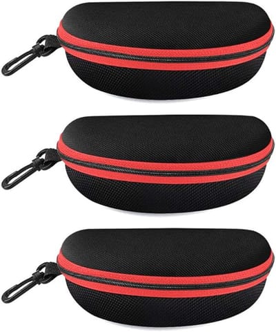 3 stuks - brillenkoker - brillendoos - zonnebrillen accessoires - Harde brillenkoker - zonnebrillenhoes - voor dames heren - zwart/rood - met plastic Karabijnhaak - Ritssluiting - 17×8×6cm - EVA - draagbare bescherming