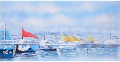 Olieverfschilderij Boten, 100% handgeschilderde muurschildering XL, 140x70cm