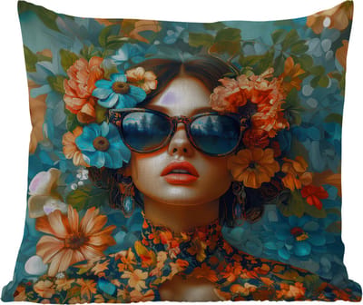 Sierkussen Buiten - Vrouw - Bloemen - Oranje - Blauw - Modern - 60x60 cm - Weerbestendig