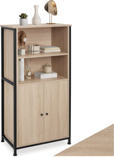 tectake® Houten Wandkast met 2 Vakken en Kast - Boekenkast - Industrieel Design Highboard - Opbergkast voor Woonkamer, Keuken, Kantoor - Zwart Metalen Frame - Afmeting (LxBxH) 60x38x125 cm - Lichtbruin